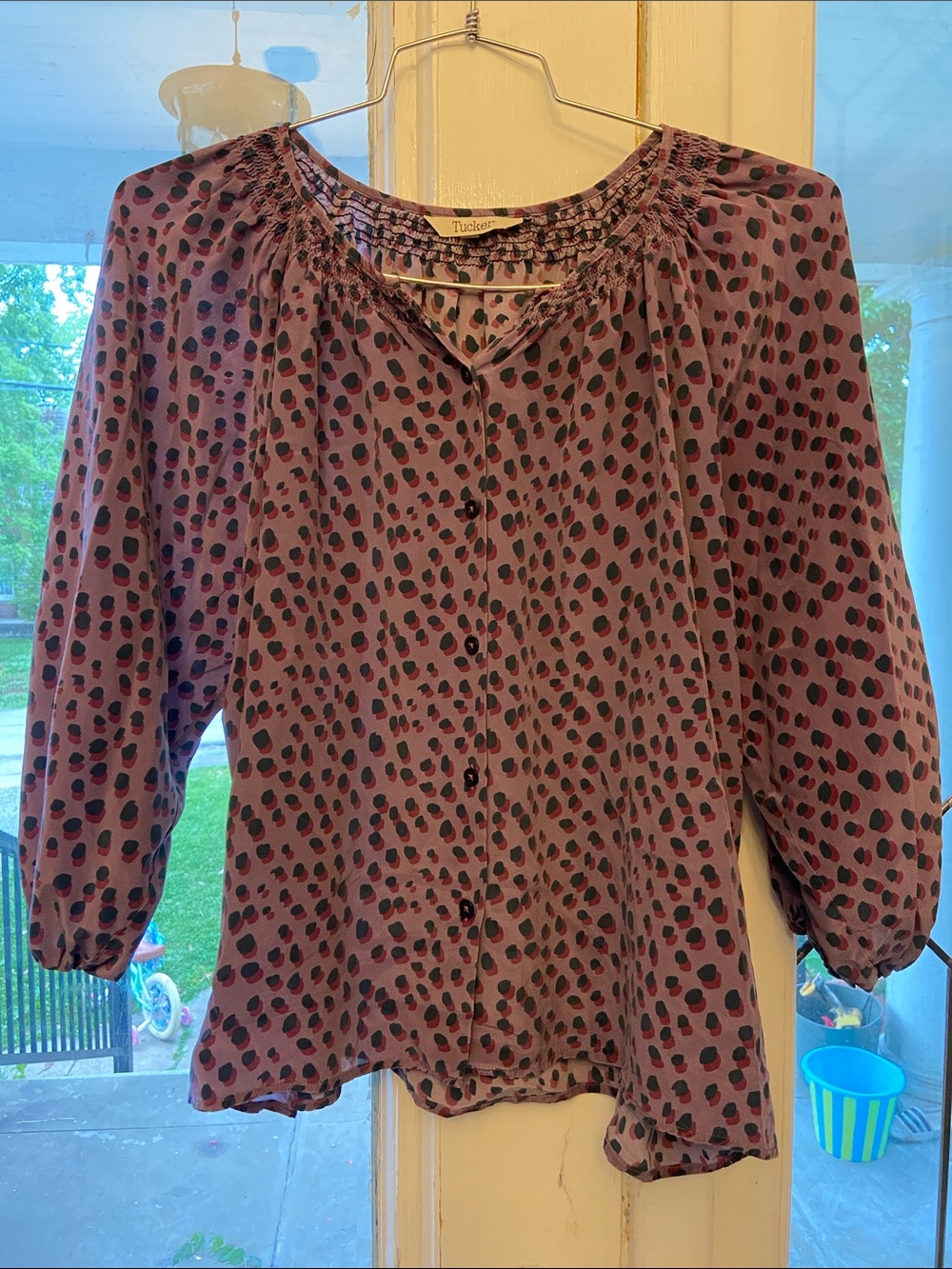 Tucker Purple Button-Front 100% Silk Blouse with Black & Brown Spots